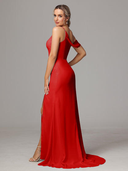 Sheath One Shoulder with Slit Chiffon Bridesmaid Dress