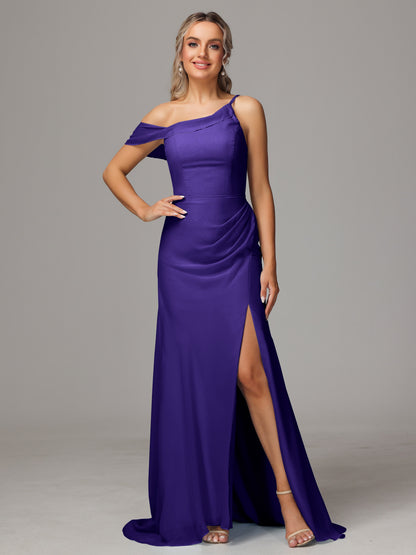 Sheath One Shoulder with Slit Chiffon Bridesmaid Dress