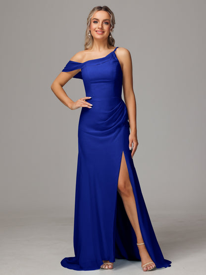 Sheath One Shoulder with Slit Chiffon Bridesmaid Dress