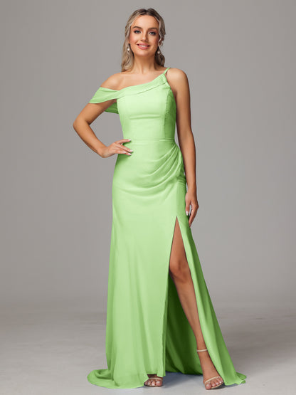 Sheath One Shoulder with Slit Chiffon Bridesmaid Dress