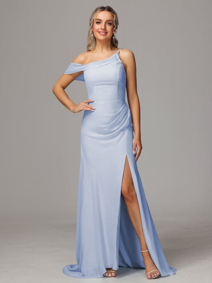Sheath One Shoulder with Slit Chiffon Bridesmaid Dress