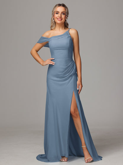 Sheath One Shoulder with Slit Chiffon Bridesmaid Dress