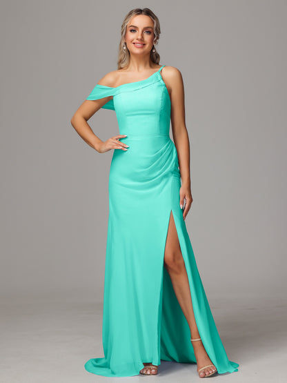 Sheath One Shoulder with Slit Chiffon Bridesmaid Dress
