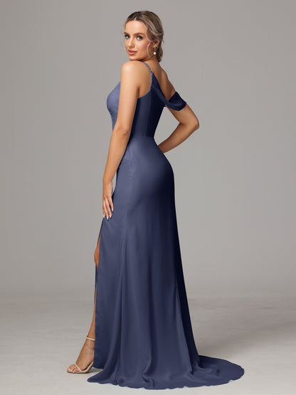 Sheath One Shoulder with Slit Chiffon Bridesmaid Dress
