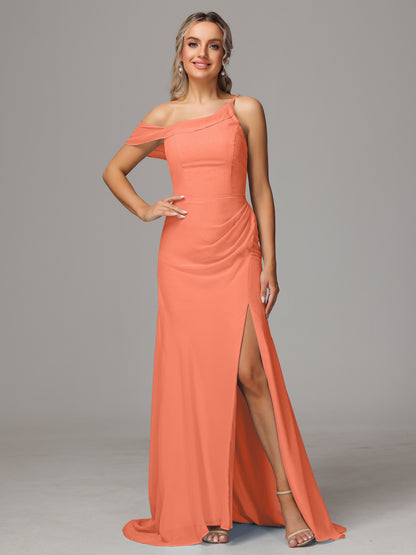 Sheath One Shoulder with Slit Chiffon Bridesmaid Dress
