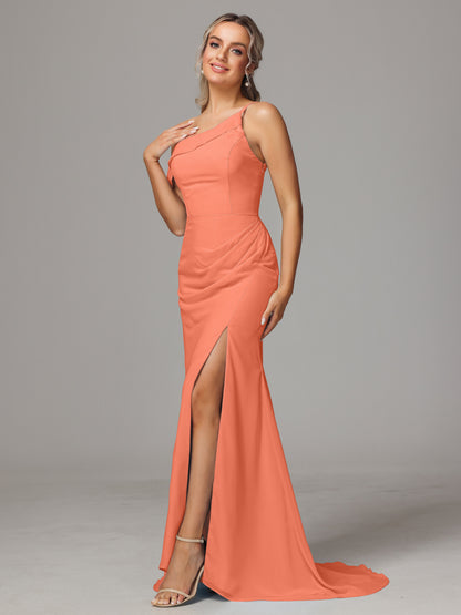 Sheath One Shoulder with Slit Chiffon Bridesmaid Dress
