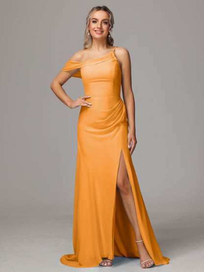 Sheath One Shoulder with Slit Chiffon Bridesmaid Dress