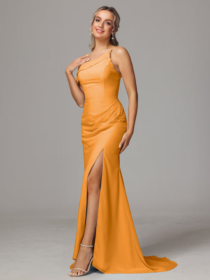 Sheath One Shoulder with Slit Chiffon Bridesmaid Dress