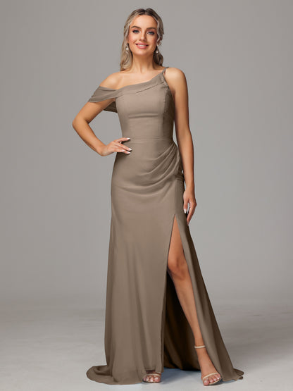 Sheath One Shoulder with Slit Chiffon Bridesmaid Dress