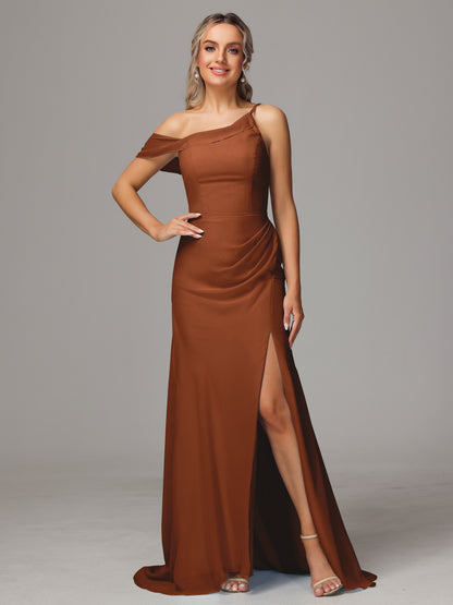 Sheath One Shoulder with Slit Chiffon Bridesmaid Dress