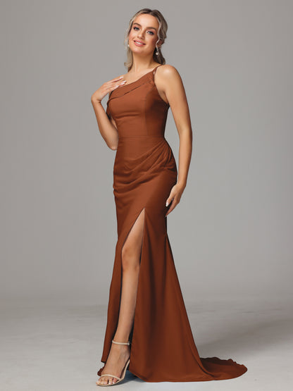 Sheath One Shoulder with Slit Chiffon Bridesmaid Dress