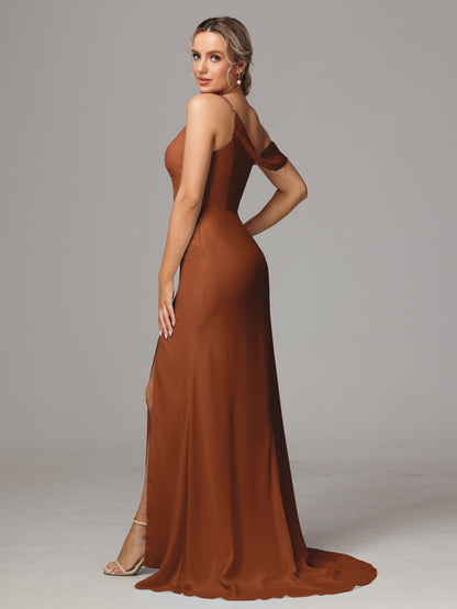 Sheath One Shoulder with Slit Chiffon Bridesmaid Dress