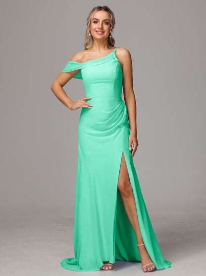 Sheath One Shoulder with Slit Chiffon Bridesmaid Dress