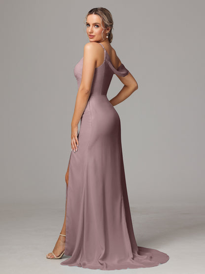 Sheath One Shoulder with Slit Chiffon Bridesmaid Dress