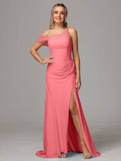 Sheath One Shoulder with Slit Chiffon Bridesmaid Dress