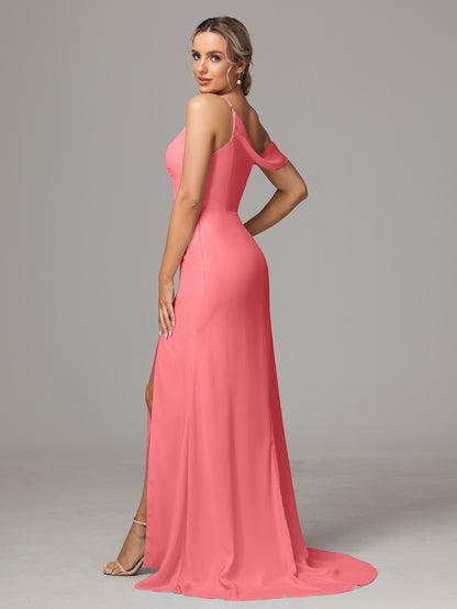 Sheath One Shoulder with Slit Chiffon Bridesmaid Dress