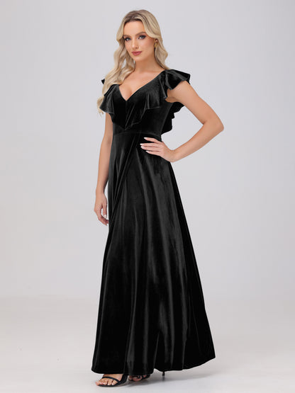 Ruffle V-Neck Velvet Bridesmaid Dresses with High Slit