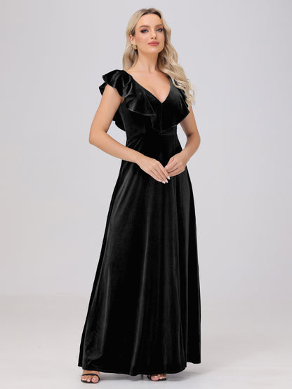 Ruffle V-Neck Velvet Bridesmaid Dresses with High Slit