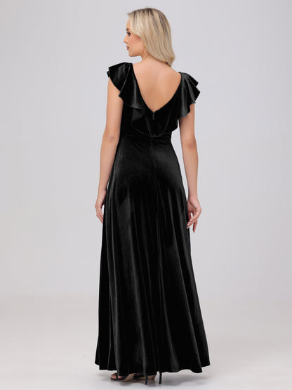 Ruffle V-Neck Velvet Bridesmaid Dresses with High Slit