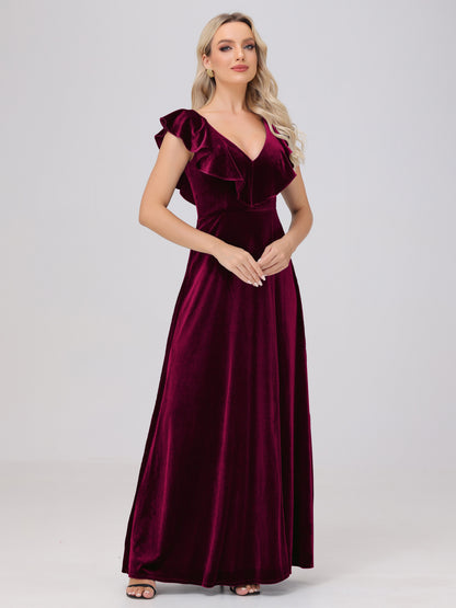 Ruffle V-Neck Velvet Bridesmaid Dresses with High Slit