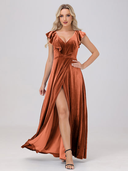 Ruffle V-Neck Velvet Bridesmaid Dresses with High Slit