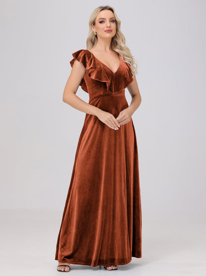 Ruffle V-Neck Velvet Bridesmaid Dresses with High Slit