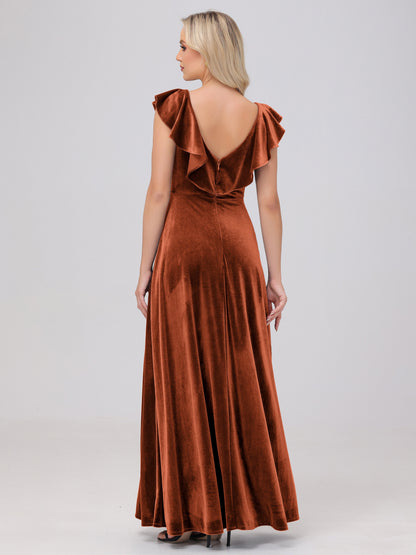 Ruffle V-Neck Velvet Bridesmaid Dresses with High Slit