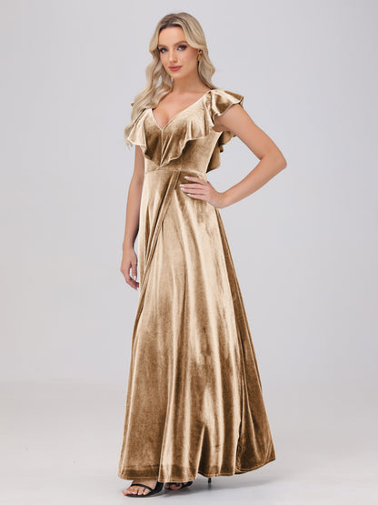 Ruffle V-Neck Velvet Bridesmaid Dresses with High Slit