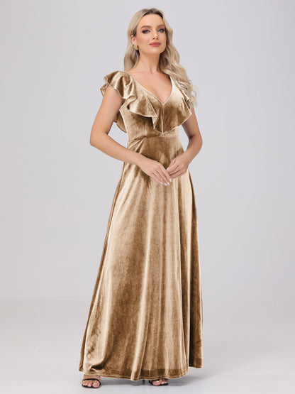 Ruffle V-Neck Velvet Bridesmaid Dresses with High Slit