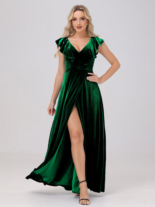 Ruffle V-Neck Velvet Bridesmaid Dresses with High Slit