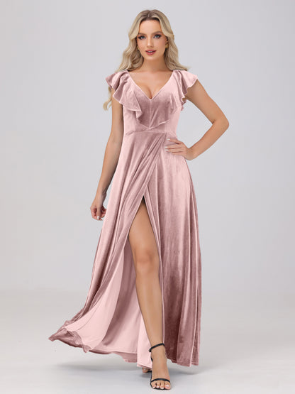 Ruffle V-Neck Velvet Bridesmaid Dresses with High Slit