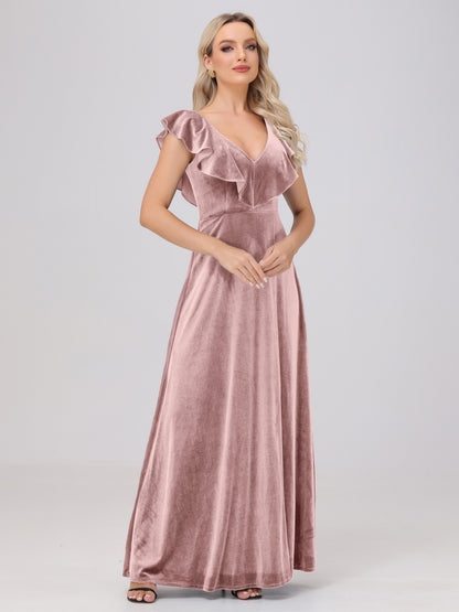 Ruffle V-Neck Velvet Bridesmaid Dresses with High Slit