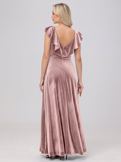 Ruffle V-Neck Velvet Bridesmaid Dresses with High Slit