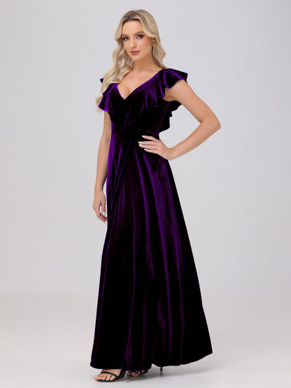 Ruffle V-Neck Velvet Bridesmaid Dresses with High Slit