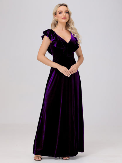Ruffle V-Neck Velvet Bridesmaid Dresses with High Slit