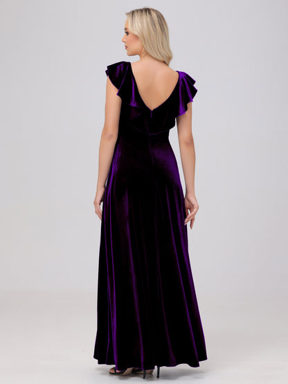 Ruffle V-Neck Velvet Bridesmaid Dresses with High Slit