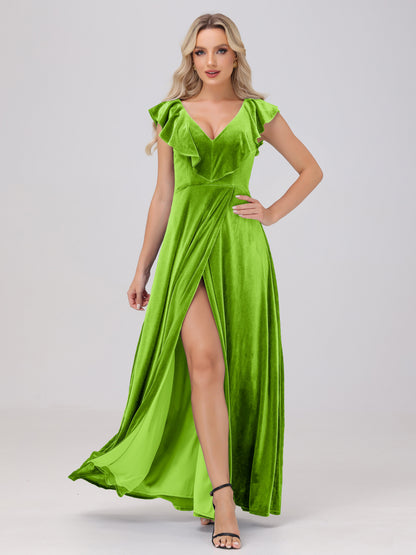 Ruffle V-Neck Velvet Bridesmaid Dresses with High Slit