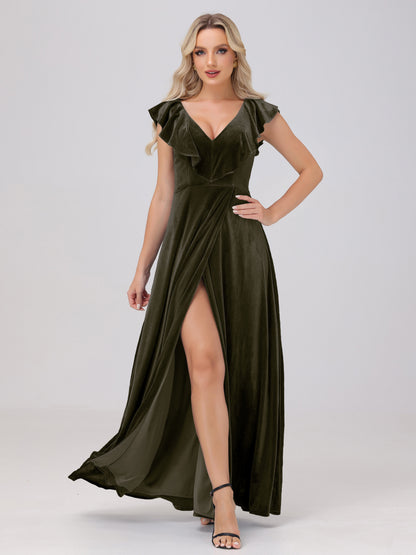 Ruffle V-Neck Velvet Bridesmaid Dresses with High Slit