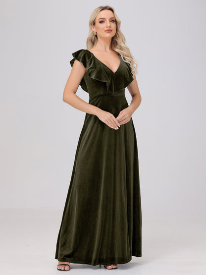 Ruffle V-Neck Velvet Bridesmaid Dresses with High Slit