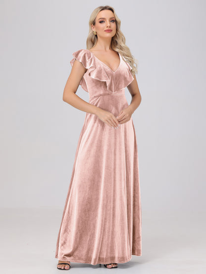 Ruffle V-Neck Velvet Bridesmaid Dresses with High Slit