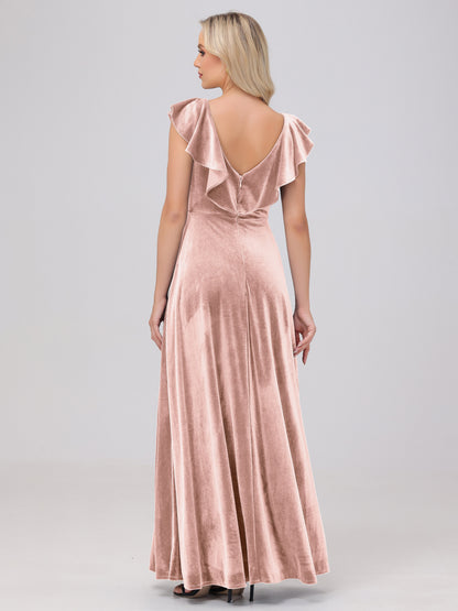 Ruffle V-Neck Velvet Bridesmaid Dresses with High Slit