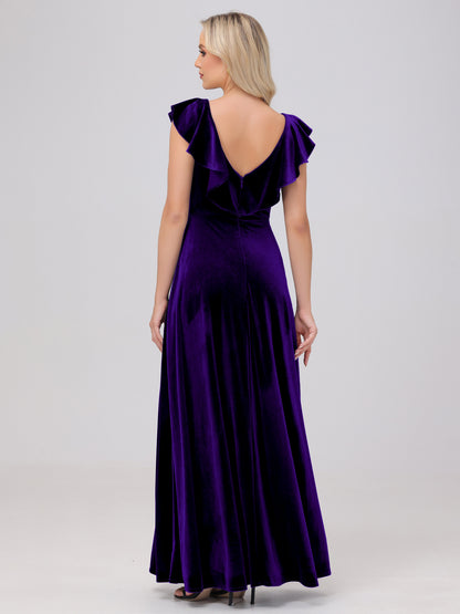 Ruffle V-Neck Velvet Bridesmaid Dresses with High Slit