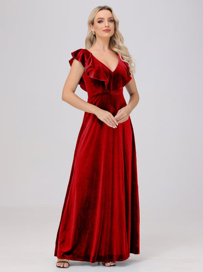 Ruffle V-Neck Velvet Bridesmaid Dresses with High Slit