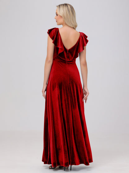 Ruffle V-Neck Velvet Bridesmaid Dresses with High Slit
