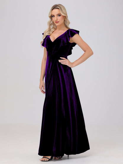 Ruffle V-Neck Velvet Bridesmaid Dresses with High Slit