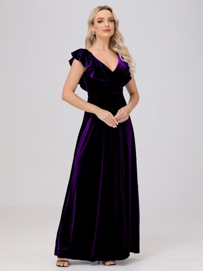 Ruffle V-Neck Velvet Bridesmaid Dresses with High Slit