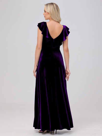 Ruffle V-Neck Velvet Bridesmaid Dresses with High Slit