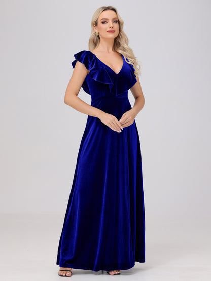 Ruffle V-Neck Velvet Bridesmaid Dresses with High Slit