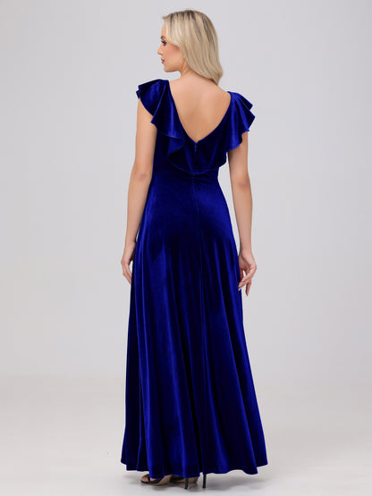Ruffle V-Neck Velvet Bridesmaid Dresses with High Slit