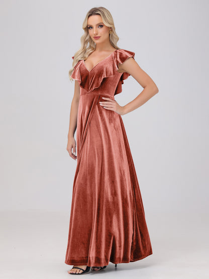 Ruffle V-Neck Velvet Bridesmaid Dresses with High Slit